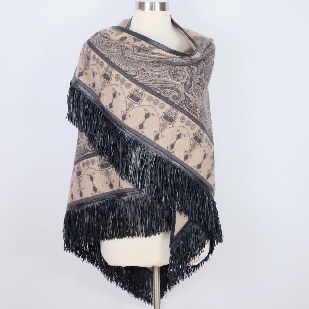 ETRO cape poncho jacket shawl 100% cashmere leather fringe $2450 paisley taupe